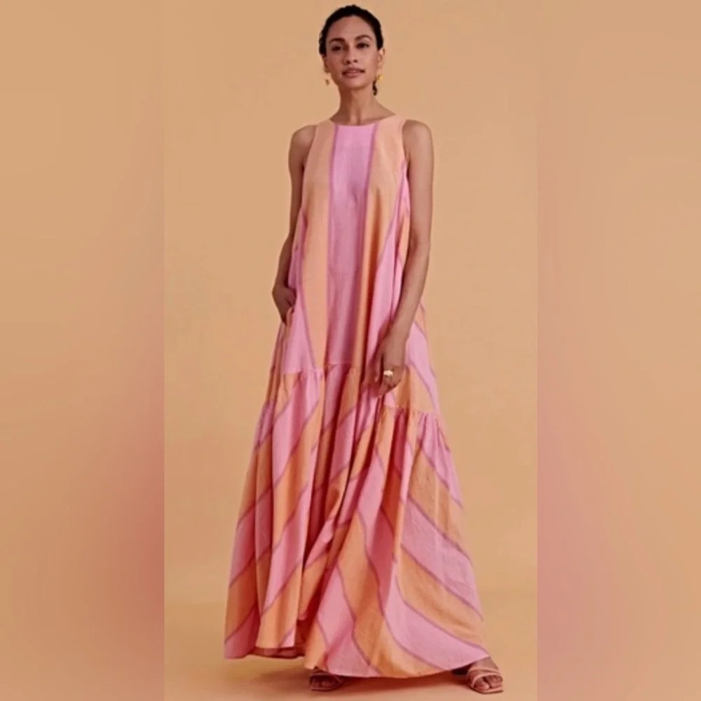 DEVOTON TWINS Maxi OS waistless sleeveless pink and orange sorbet summer dress